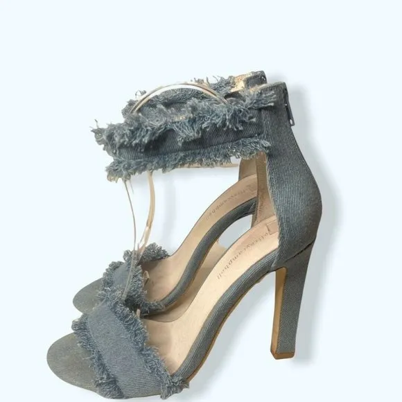 JEFFREY CAMPBELL Inab 2 Sandals Heels Shoes Size 7.5 Frayed Blue Denim Zip a42