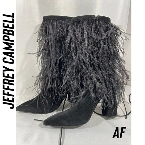 JEFFREY CAMPBELL SHAKE YA OSTRICH FEATHER BOOTS NEW BLACK