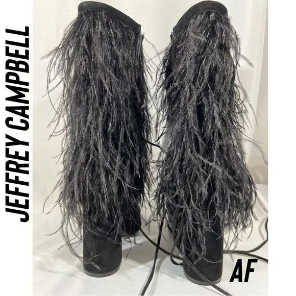 JEFFREY CAMPBELL SHAKE YA OSTRICH FEATHER BOOTS NEW BLACK