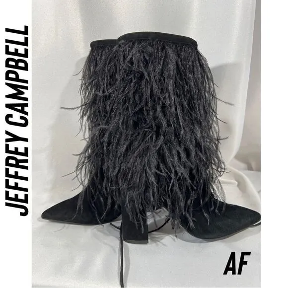 JEFFREY CAMPBELL SHAKE YA OSTRICH FEATHER BOOTS NEW BLACK