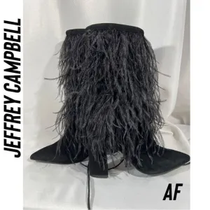 JEFFREY CAMPBELL SHAKE YA OSTRICH FEATHER BOOTS NEW BLACK