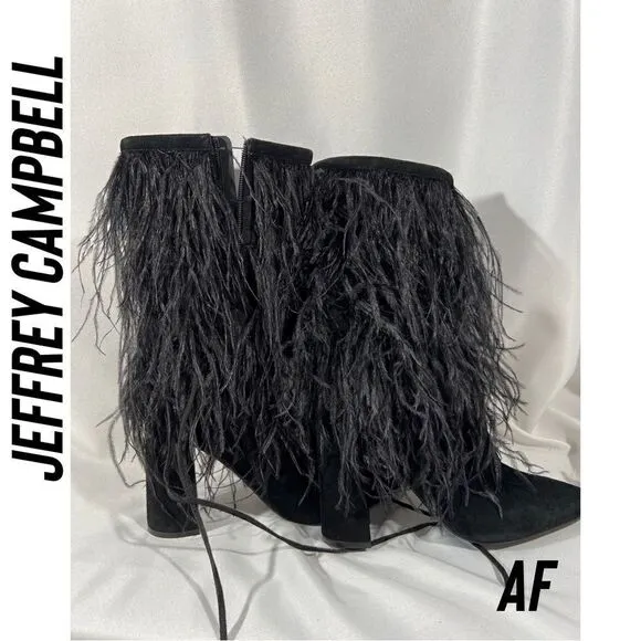 JEFFREY CAMPBELL SHAKE YA OSTRICH FEATHER BOOTS NEW BLACK