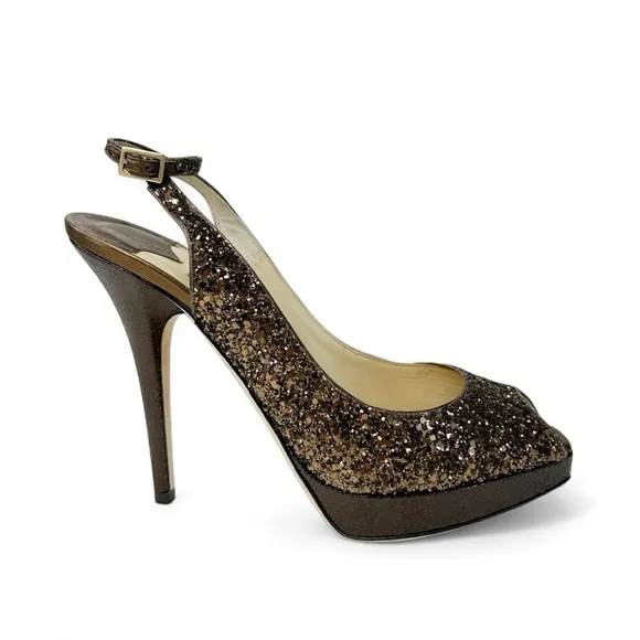 JIMMY CHOO Clue Bronze Coarse Glitter Peep Toe Slingback Platform Heels