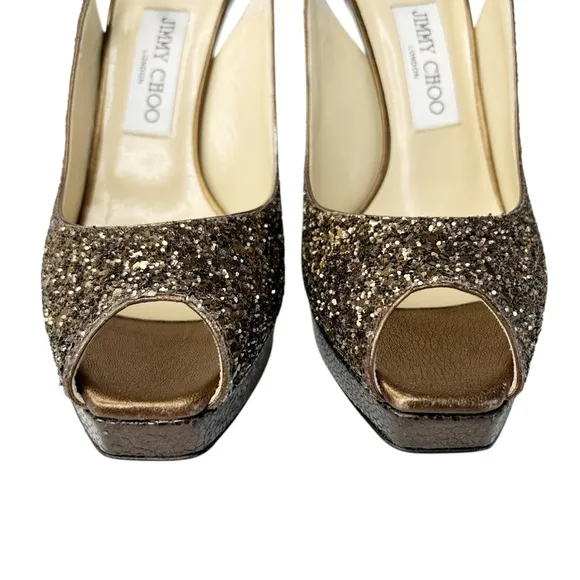 JIMMY CHOO Clue Bronze Coarse Glitter Peep Toe Slingback Platform Heels