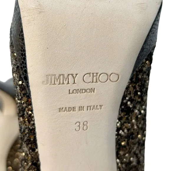 JIMMY CHOO Clue Bronze Coarse Glitter Peep Toe Slingback Platform Heels