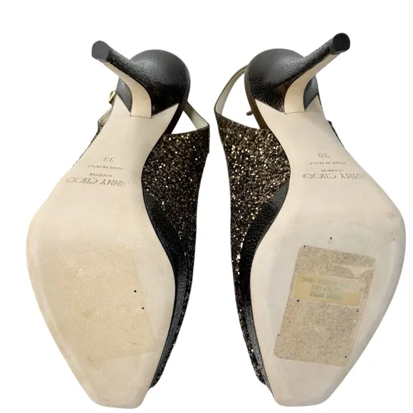 JIMMY CHOO Clue Bronze Coarse Glitter Peep Toe Slingback Platform Heels