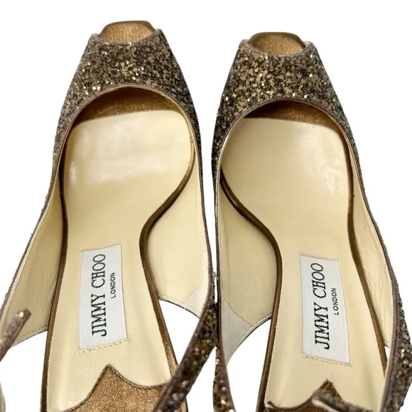 JIMMY CHOO Clue Bronze Coarse Glitter Peep Toe Slingback Platform Heels