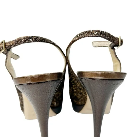 JIMMY CHOO Clue Bronze Coarse Glitter Peep Toe Slingback Platform Heels