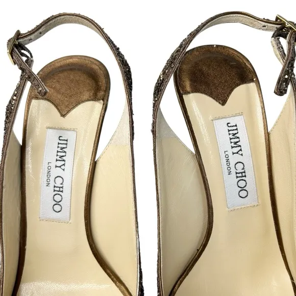 JIMMY CHOO Clue Bronze Coarse Glitter Peep Toe Slingback Platform Heels