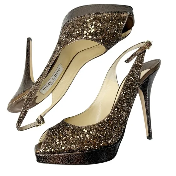 JIMMY CHOO Clue Bronze Coarse Glitter Peep Toe Slingback Platform Heels