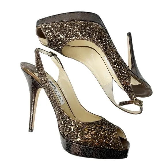 JIMMY CHOO Clue Bronze Coarse Glitter Peep Toe Slingback Platform Heels