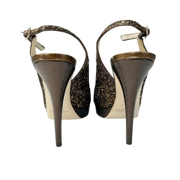 JIMMY CHOO Clue Bronze Coarse Glitter Peep Toe Slingback Platform Heels