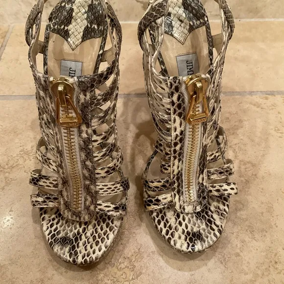 JIMMY CHOO GLADIATOR SNAKESKIN SANDALS GOLD ZIP PULLSIZE 37.5 WORN ONCE