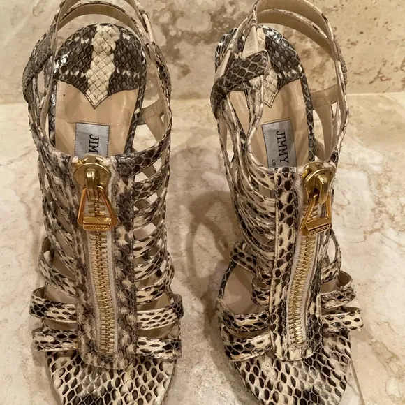 JIMMY CHOO GLADIATOR SNAKESKIN SANDALS GOLD ZIP PULLSIZE 37.5 WORN ONCE