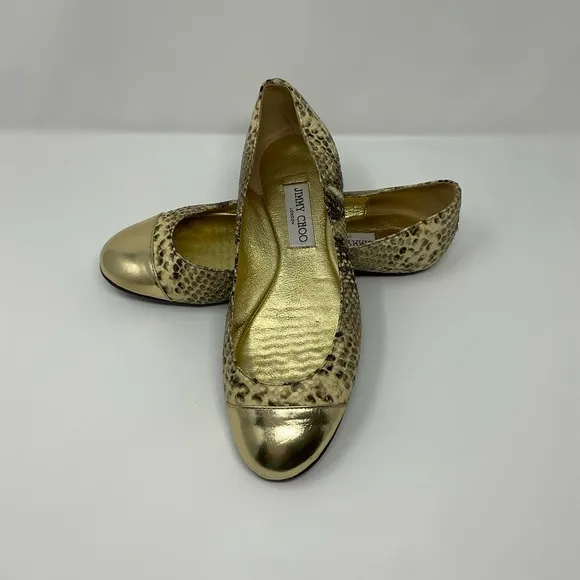 Jimmy Choo Gold Metallic Snake Print Flats