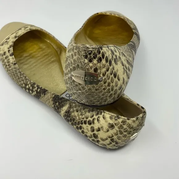Jimmy Choo Gold Metallic Snake Print Flats