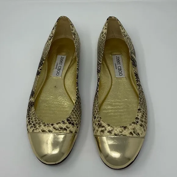 Jimmy Choo Gold Metallic Snake Print Flats