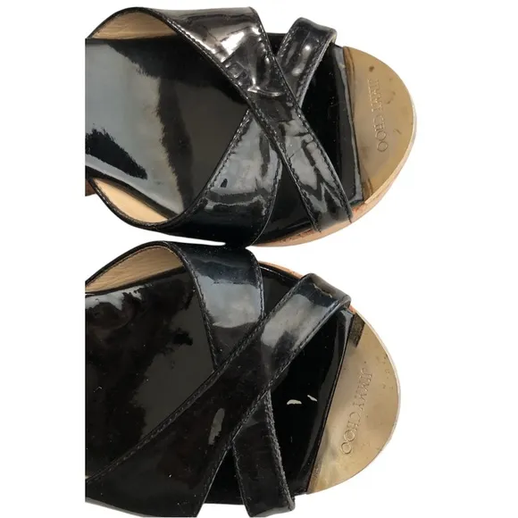 Jimmy Choo patent Prima cork wedges sandals size 36.5