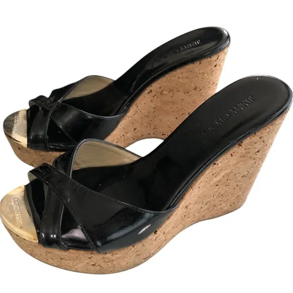 Jimmy Choo patent Prima cork wedges sandals size 36.5