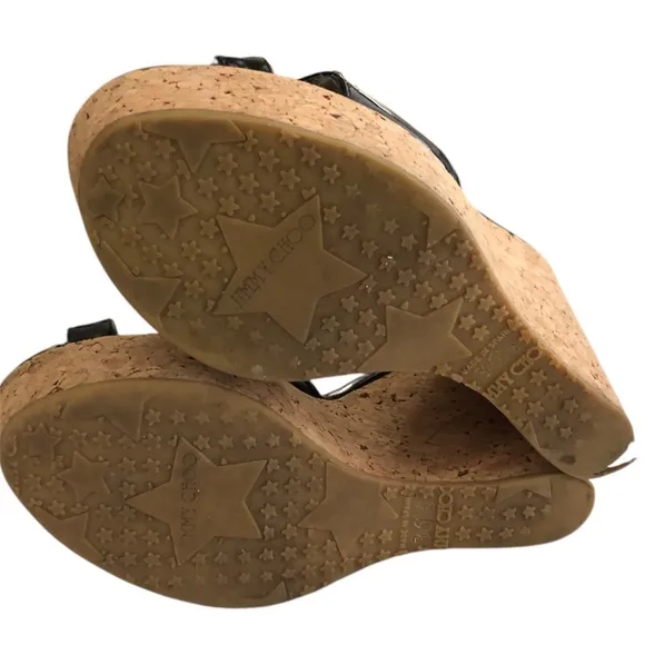 Jimmy Choo patent Prima cork wedges sandals size 36.5