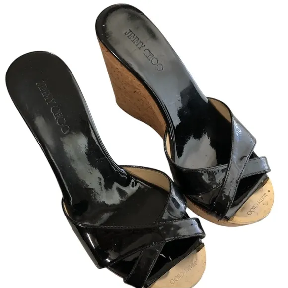 Jimmy Choo patent Prima cork wedges sandals size 36.5