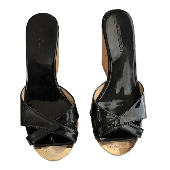 Jimmy Choo patent Prima cork wedges sandals size 36.5