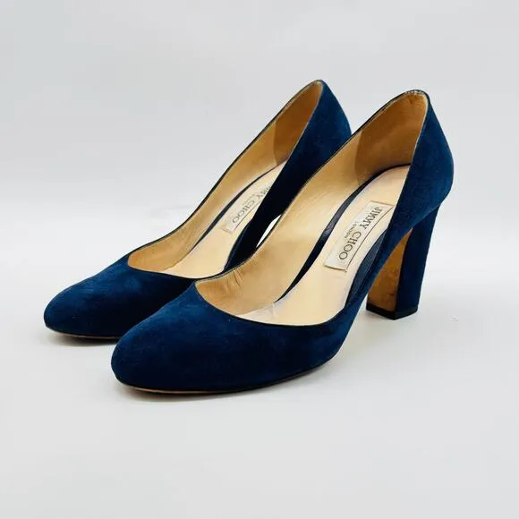 Jimmy Choo Shoes Womens 38.5 US 8.5 Navy Suede Billie 85 Block Heels Pumps