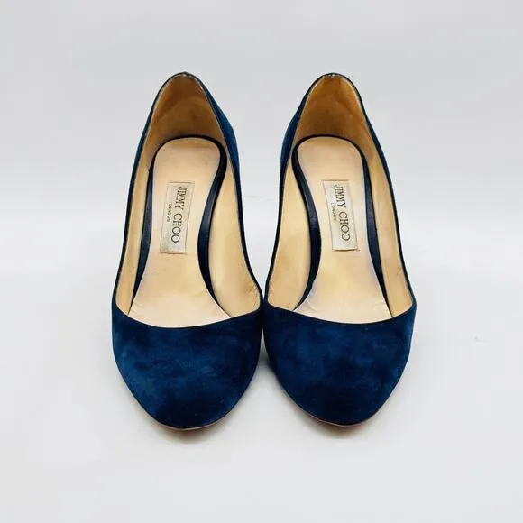 Jimmy Choo Shoes Womens 38.5 US 8.5 Navy Suede Billie 85 Block Heels Pumps