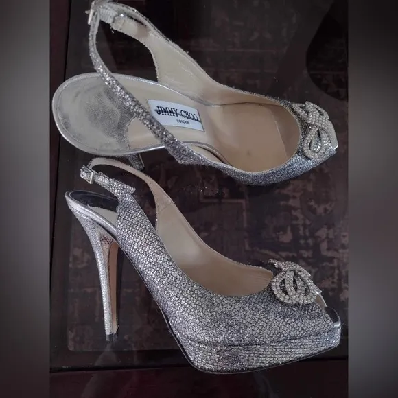 Jimmy Choo Silver Glitter Crystal Bow Jimmy Peep Toe Pumps Heels