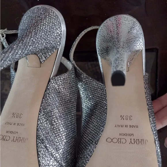 Jimmy Choo Silver Glitter Crystal Bow Jimmy Peep Toe Pumps Heels