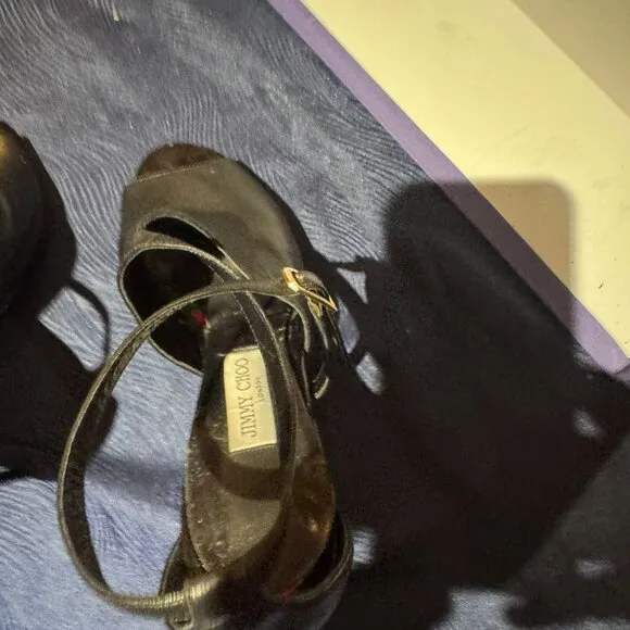 Jimmy Choo Strappy Black Leather Evening Shoe with Shiny Heel--Size 40.5