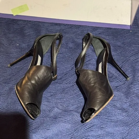 Jimmy Choo Strappy Black Leather Evening Shoe with Shiny Heel--Size 40.5