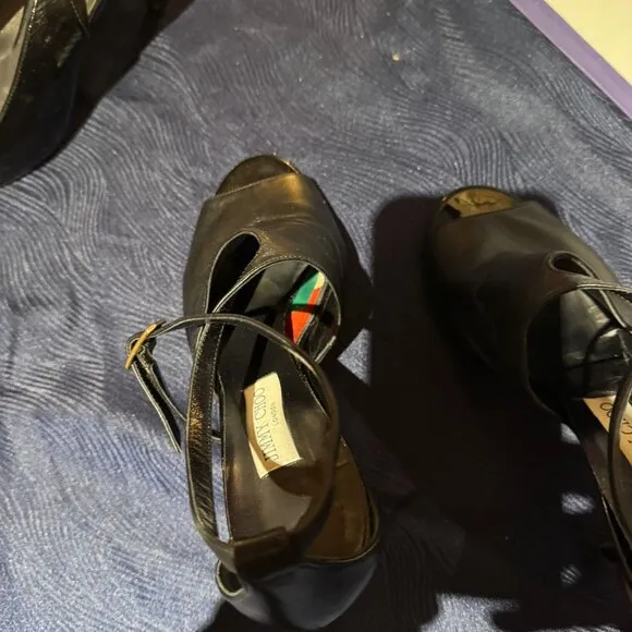 Jimmy Choo Strappy Black Leather Evening Shoe with Shiny Heel--Size 40.5