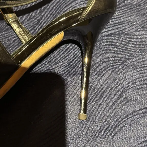 Jimmy Choo Strappy Black Leather Evening Shoe with Shiny Heel--Size 40.5