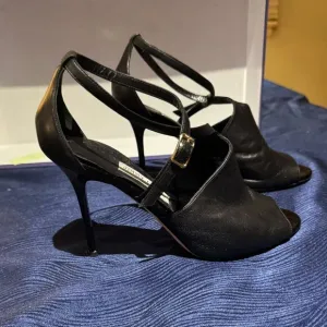 Jimmy Choo Strappy Black Leather Evening Shoe with Shiny Heel--Size 40.5