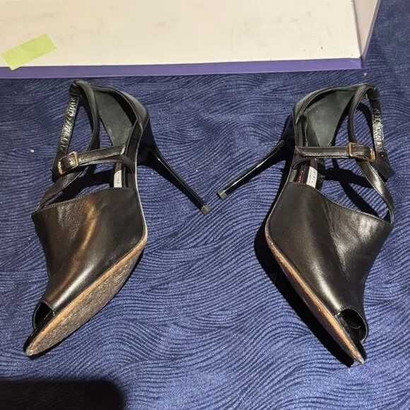 Jimmy Choo Strappy Black Leather Evening Shoe with Shiny Heel--Size 40.5