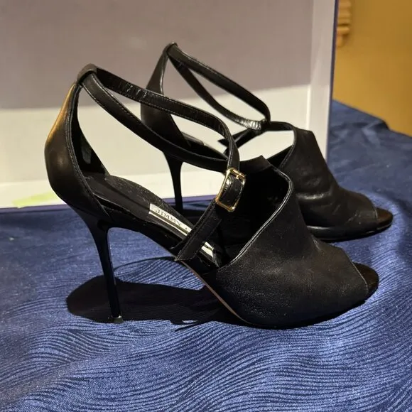 Jimmy Choo Strappy Black Leather Evening Shoe with Shiny Heel--Size 40.5