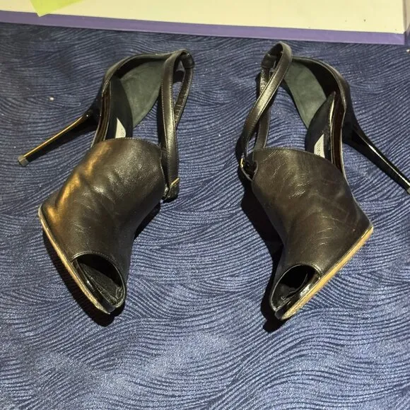 Jimmy Choo Strappy Black Leather Evening Shoe with Shiny Heel--Size 40.5