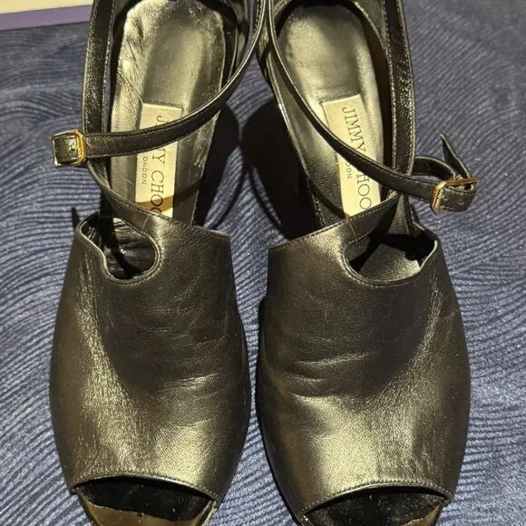 Jimmy Choo Strappy Black Leather Evening Shoe with Shiny Heel--Size 40.5