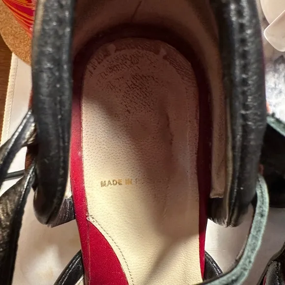 John Fluevog QTee Black and Cherry Buckle heels size 8 ( typical size 8.5)