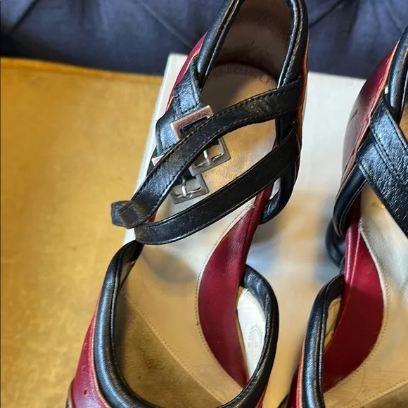 John Fluevog QTee Black and Cherry Buckle heels size 8 ( typical size 8.5)
