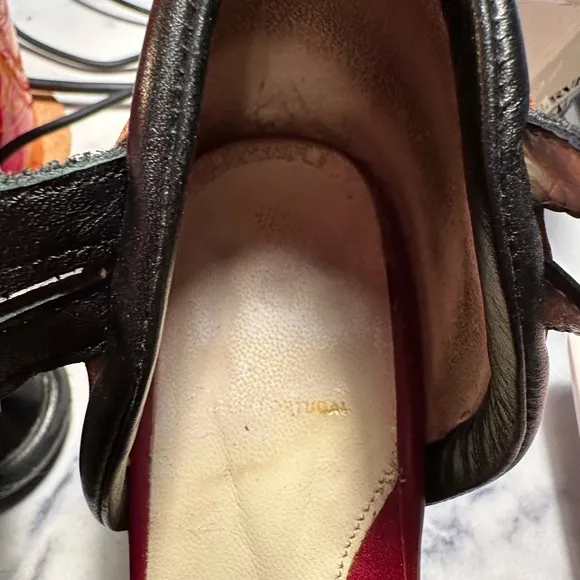 John Fluevog QTee Black and Cherry Buckle heels size 8 ( typical size 8.5)