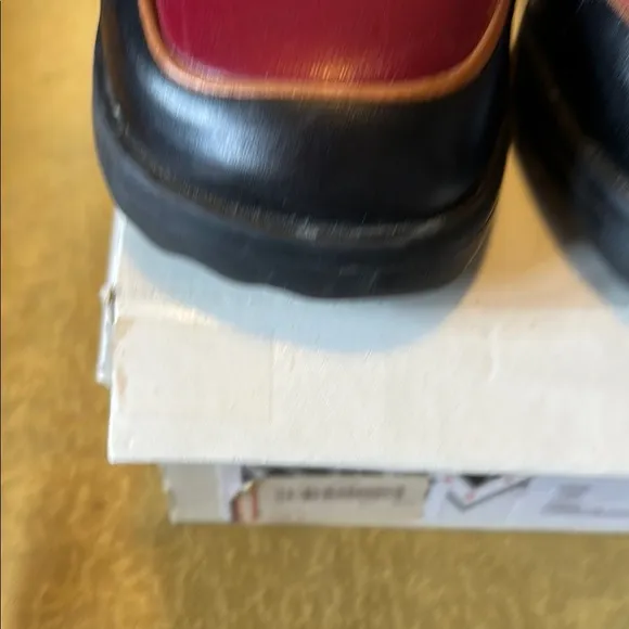 John Fluevog QTee Black and Cherry Buckle heels size 8 ( typical size 8.5)