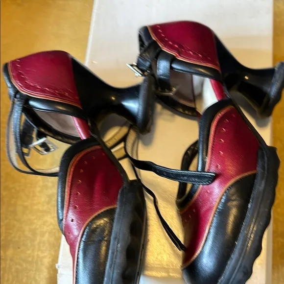 John Fluevog QTee Black and Cherry Buckle heels size 8 ( typical size 8.5)