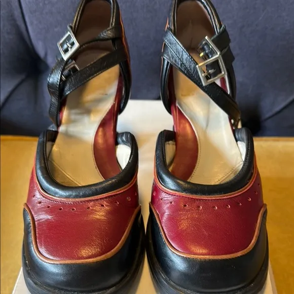 John Fluevog QTee Black and Cherry Buckle heels size 8 ( typical size 8.5)