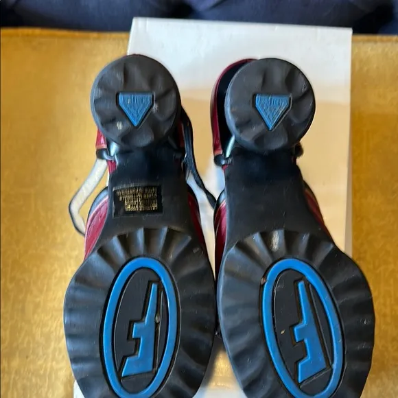 John Fluevog QTee Black and Cherry Buckle heels size 8 ( typical size 8.5)