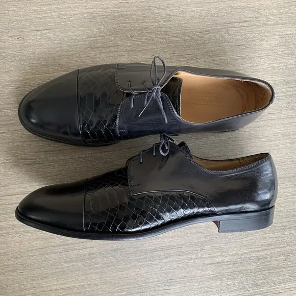 Johnston &amp; Murphy Men's 12 Cellini Black Croc Cap Toe Lace Up Oxford Dress Shoes