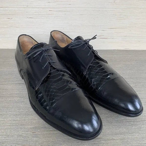 Johnston &amp; Murphy Men's 12 Cellini Black Croc Cap Toe Lace Up Oxford Dress Shoes