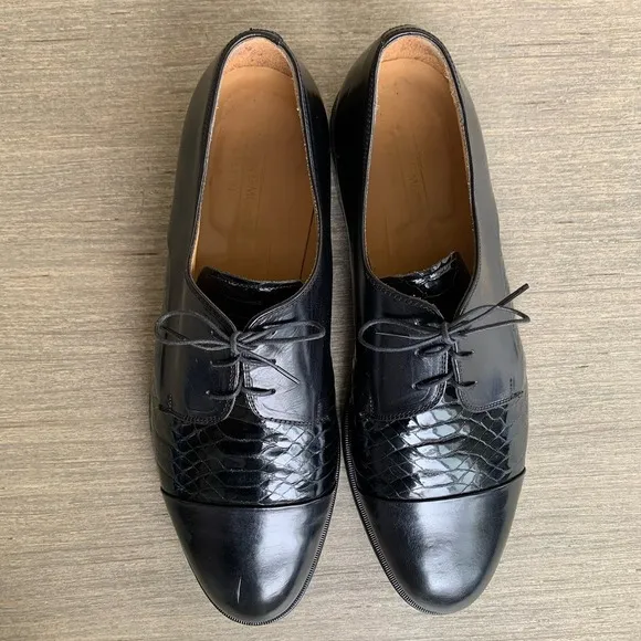 Johnston &amp; Murphy Men's 12 Cellini Black Croc Cap Toe Lace Up Oxford Dress Shoes