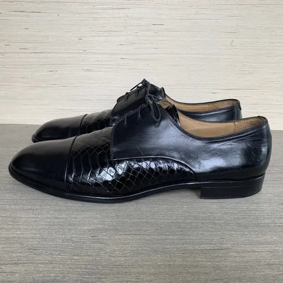 Johnston &amp; Murphy Men's 12 Cellini Black Croc Cap Toe Lace Up Oxford Dress Shoes